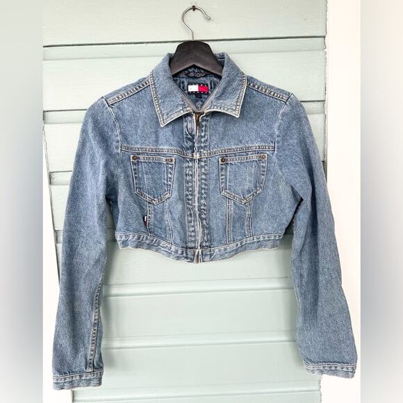Tommy Hilfiger RARE vintage y2k cropped denim jacket zip up crop top 2000s M - Picture 1 of 11